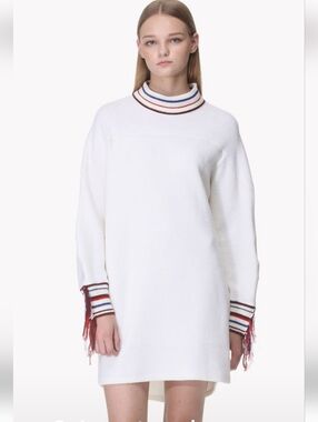 SYSTEM BRAND LONG SLEEVE KNIT SWEATER DRESS FRINGE DETAIL HIGH NECK SIDE SPLITS